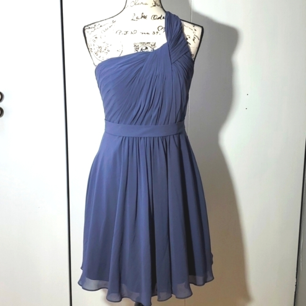 Azazie- Womens Dusty Blue One Shoulder Elegant Flirty Romantic Dress Trendy Sz.6